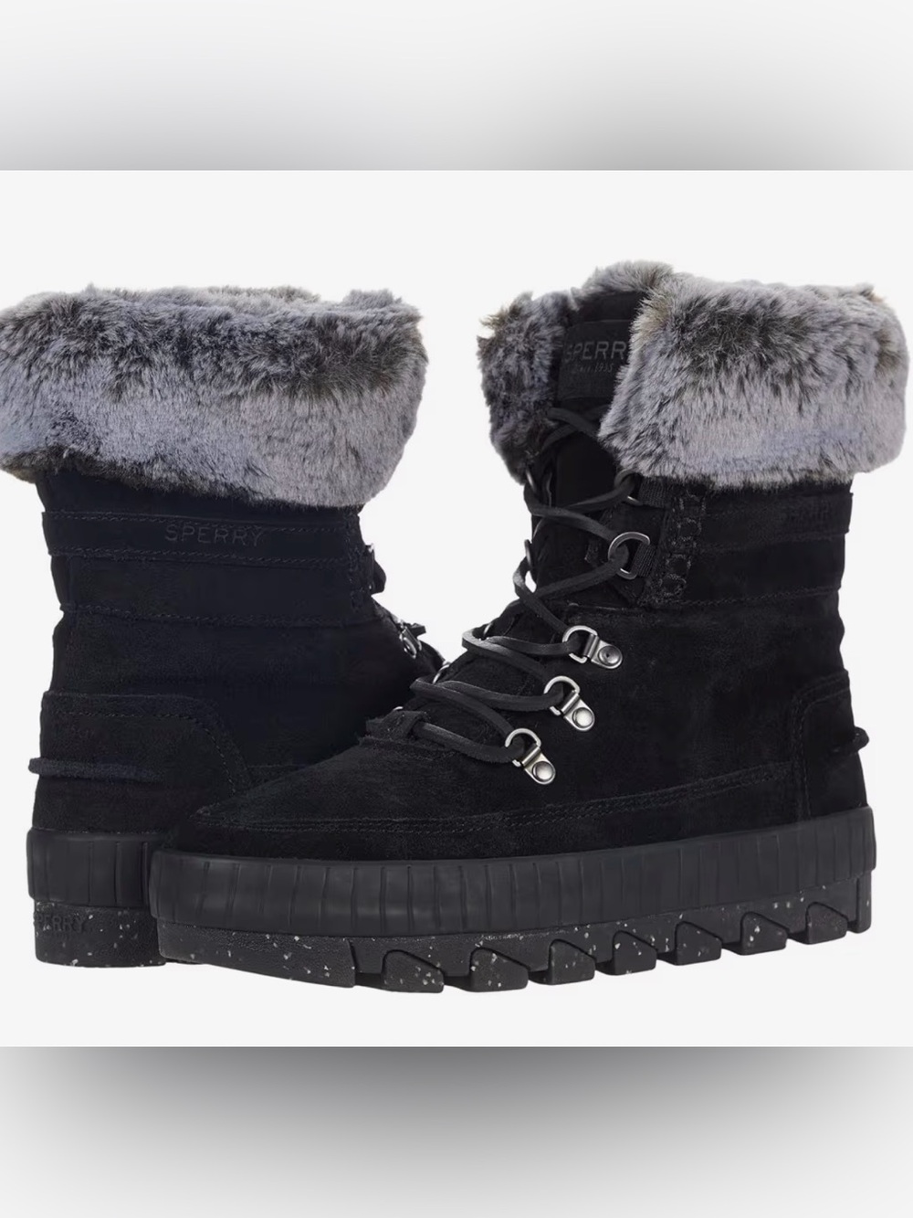 Sperry Black Suede Lace-Up Winter Boots with Gray Faux-Fur Cuff